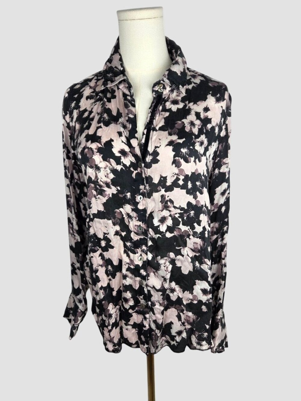 Cino Silky Black Pink Floral Button Up Shirt Sz M Long Sleeve Top Whimsigoth